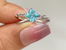 Fancy Aquamarine Color Princess Cut Simulated CZ Prong 925 Sterling Silver Ring