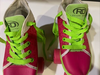 ROLLER DERBY Zinger Girls Youth Size 2 Pink/Green Roller Skates w/Pink/White Bag