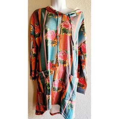 Crazy Train Multi Color Floral Hooded Top Large Lightweight Pockets NWTS