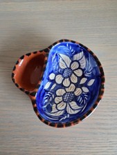 Vintage Portuguese Pottery Olive Dish | Hand Painted Blue Floral Terrac