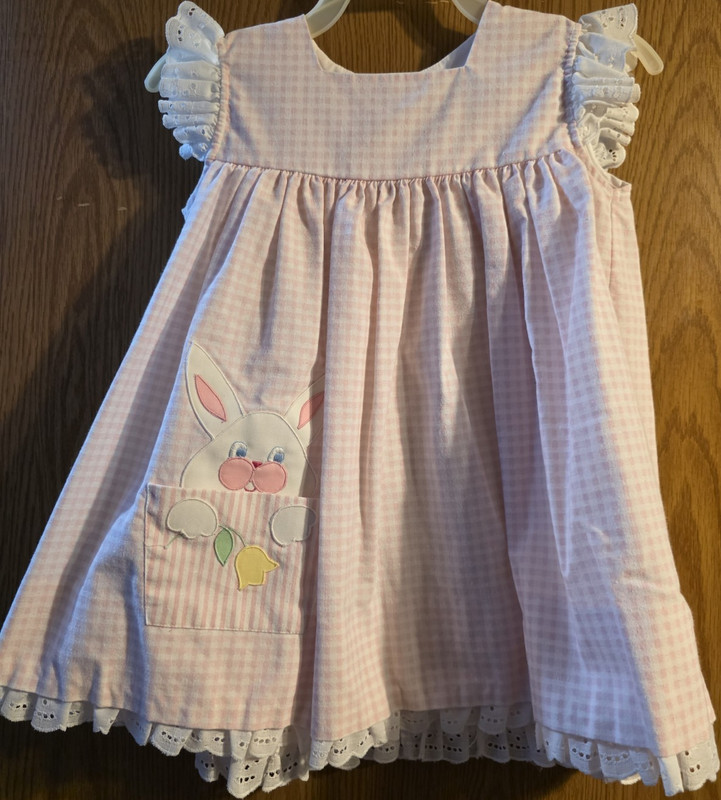 Nannette Girls Size 4T Pink/White Gingham Bunny A-Line Knee Ruffle Sleeve Dress