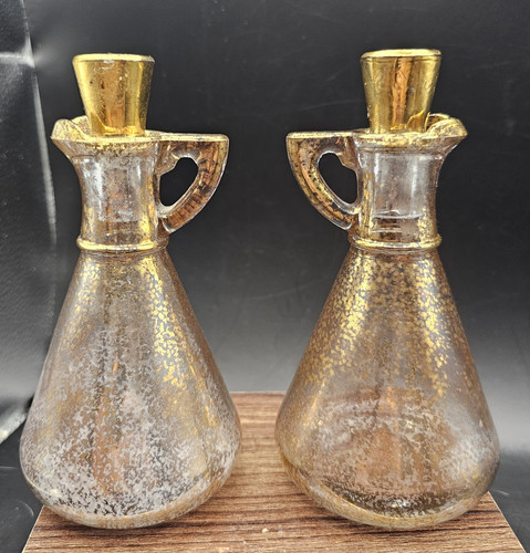 Vintage Georges Briard? Hazel Atlas Gold Oil & Vinegar Glass Cruets MCM - Picture 3 of 17