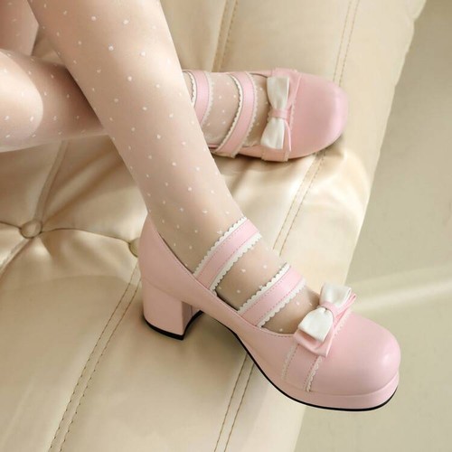Sweet Lolita Girls Shoes High Chunky Heels Round Toe Leather Buckle Dress Shoes - Picture 4 of 28