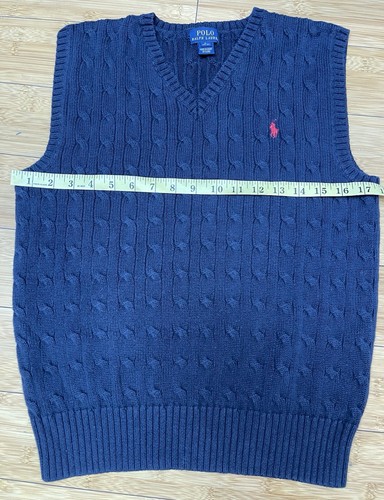 POLO by RALPH LAUREN Sweater Vest Boys Size L 14-16 Navy Blue Cable Knit Cotton - Picture 5 of 11