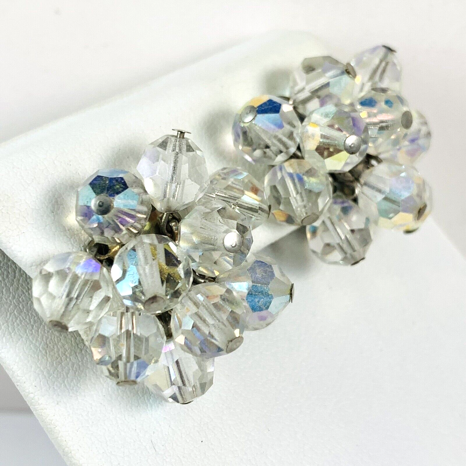 Vintage Aurora Borealis AB Crystal Beaded Cha Cha Silver Tone Clip on Earrings