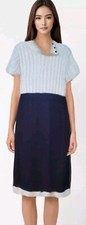 Tahari wool blend black cream colorblock cable knit cowl neck sweater dress M