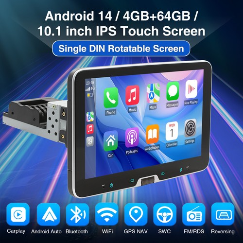 10.1" Giratorio Único DIN Android 14 CarPlay Coche Estéreo GPS Navegación 64GB+ Cámara - Imagen 2 de 16