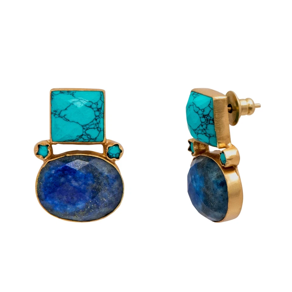 Pendientes Turquesa Lapislázuli Chapados en Oro 18k Aspecto Vintage Foto 4 de 4