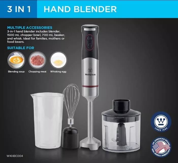 Westinghouse 220 Volt Hand Blender 1000W - 3 in 1 Hand Blender Includes Blending Shaft, 500 ml Chopper Bowl, 700 ml Beaker and whisk-220V 240V (Not
