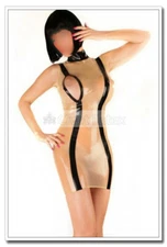 Latex Bodycon Front Short Zip Open Sexy Black Trims Dress Back Zip 0.4mm D117