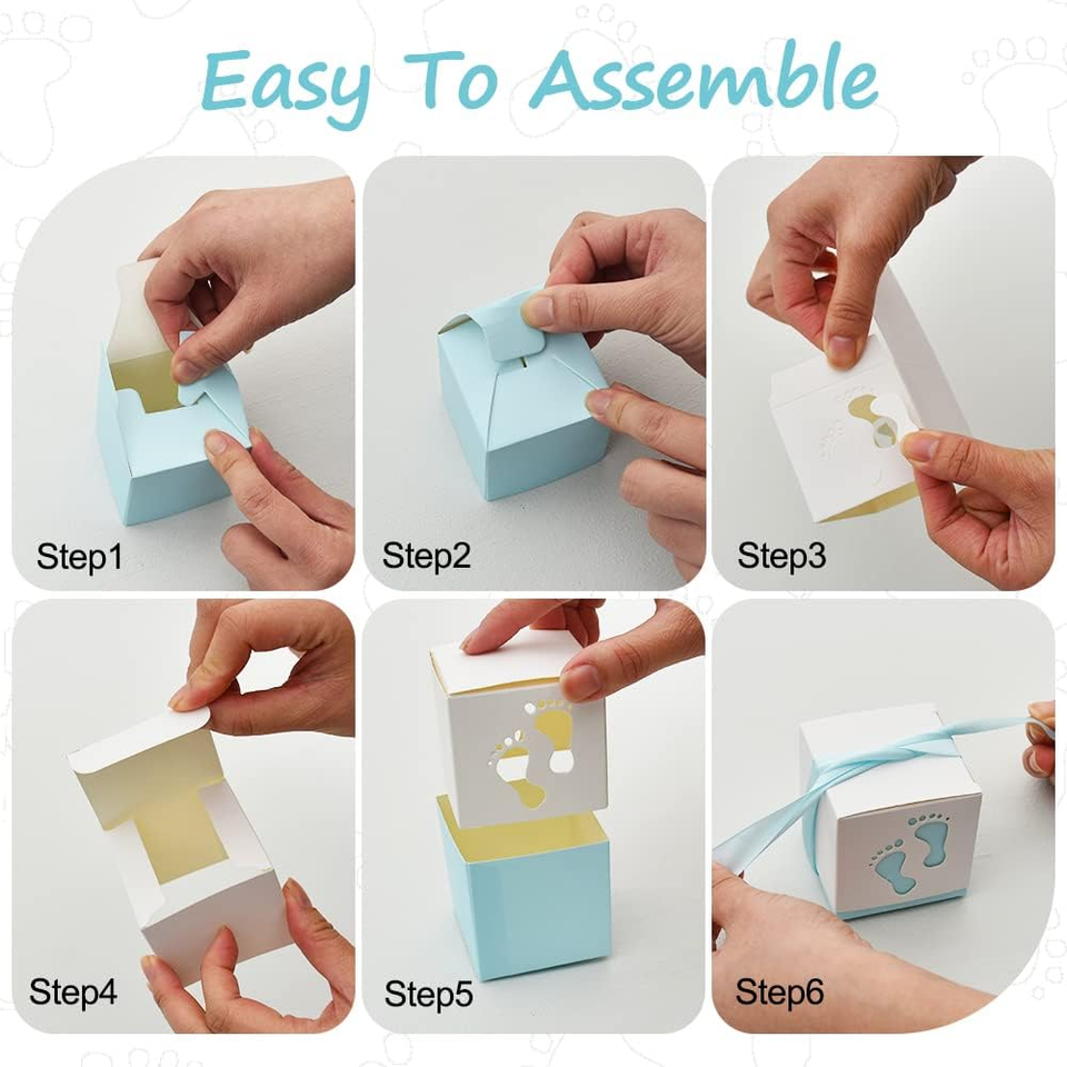 Baby Shower Favor Boxes Blue Footprint Candy Boxes with Ribbons for Baby Girl & eBay