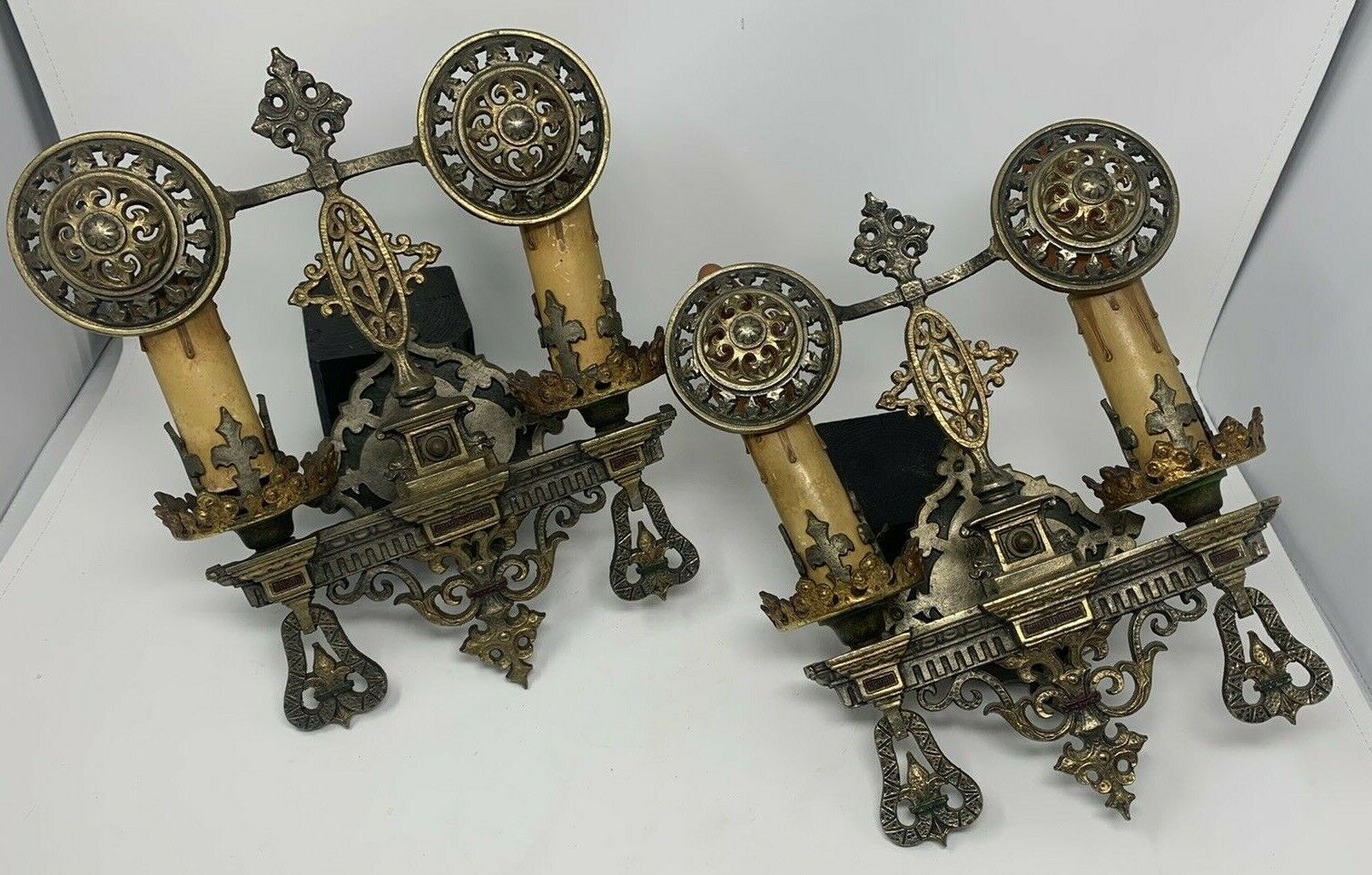 Pair 1920s French Gothic Revival Wall Sconces Brass and Pewter Oscar Bach Style