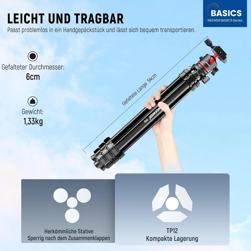 Neewer Basics 169cm Travel Tripod with Ball Head & Phone Holder, TP12 - Image 2 of 4