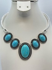Turquoise Statement Choker Necklace Silver Tone Southwestern Boho Bold