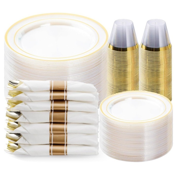 350PCS Gold Plastic Dinnerware Set, Disposable Party Plates 