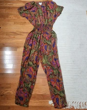 Vintage 80s 90s Jumpsuit Short Sleeve Multicolor Pockets Button Up Rafael Medium