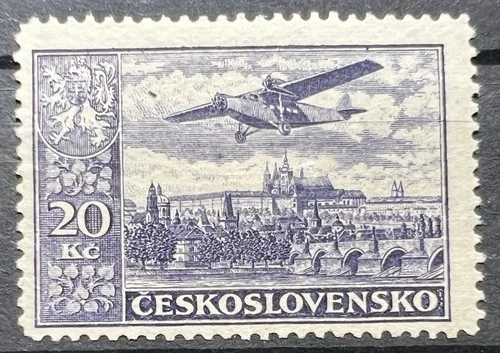 Czechoslovakia 1930 Airmail Stamp 20Kc Plane Flying Prague Skyline CZ Stamps MH