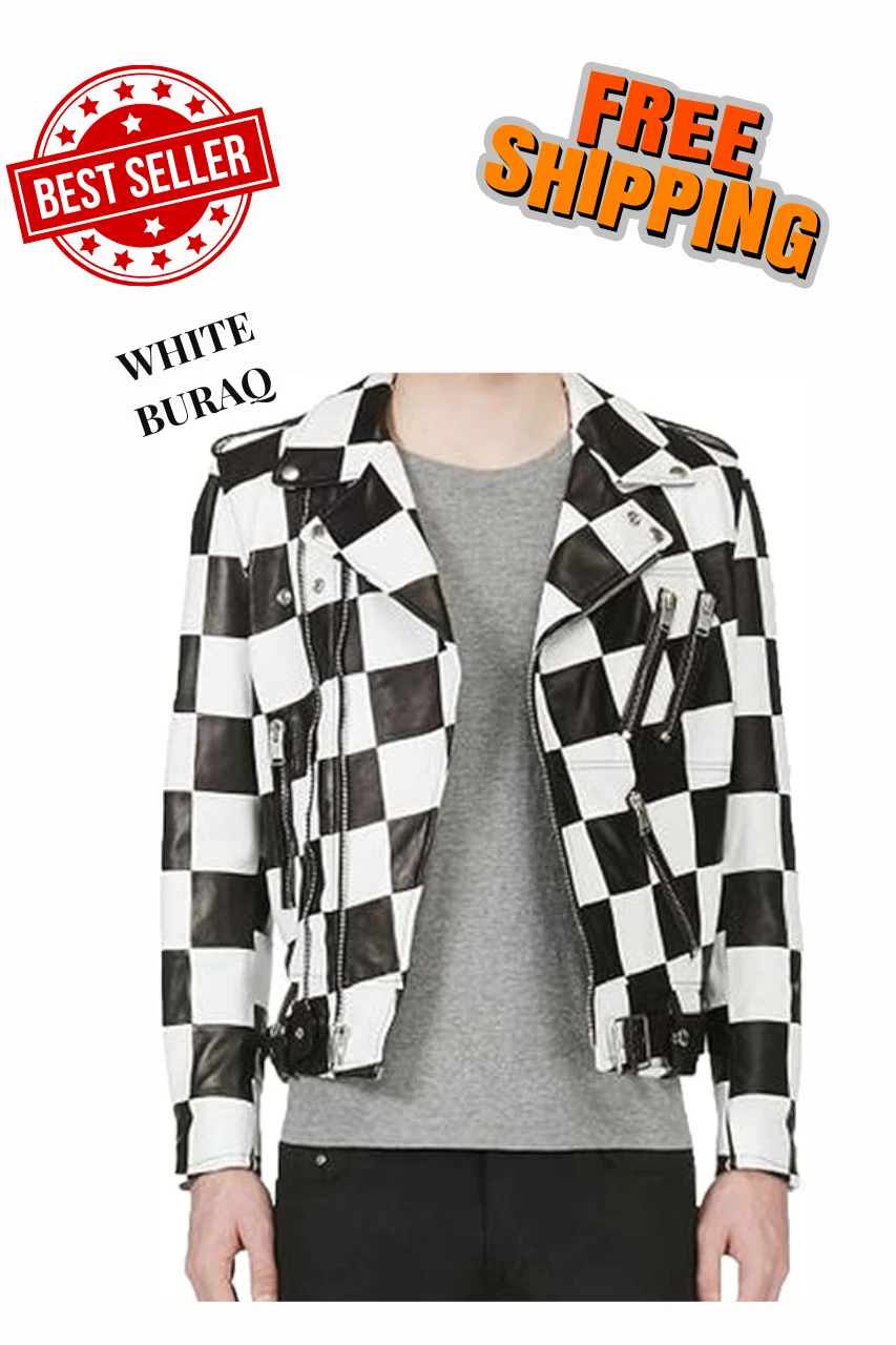 Men’s Checkered Black & White Leather Biker Jacket – 100% Sheepskin White Buraq
Opens in a new windo