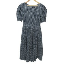 Cleaned CHANEL Puff Sleeve Polka Dot Pattern Flared Dress Navy Women USED