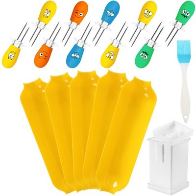 Corn Cob Holders Kit - Includes 10 Fun Face Holders, 5 Trays, and Butter Spre...