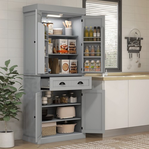 HOMCOM 71" Kitchen Pantry Cabinet with Large Storage and LED Lights, Gray - Picture 9 of 11
