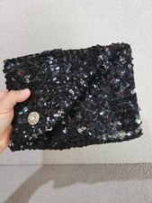 1950s Womens Vintage Clutch Purse Black Sequins With Rhinestones Evening Bag
