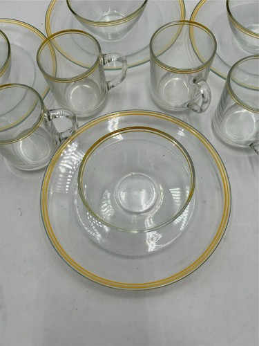 12 PC ARCOROC PLATE / BOWL / MUG SET CLEAR GLASS--YELLOW EDGE FRANCE VGC - Picture 2 of 4