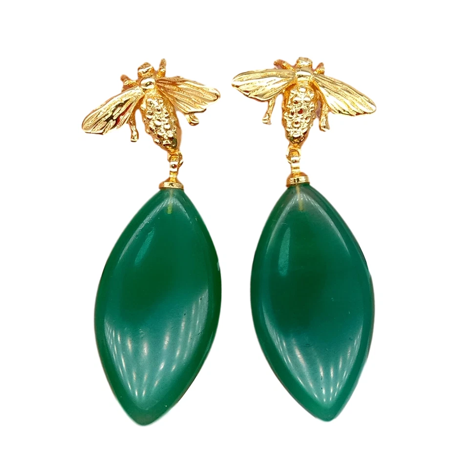 Aretes de ágata verde color oro 18 K escarabajo 1,5"" Foto 3 de 4