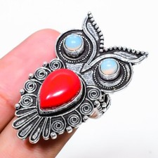 Italian Red Coral, Opal Gemstone 925 Sterling Silver Jewelry Ring Size 6.5 O595