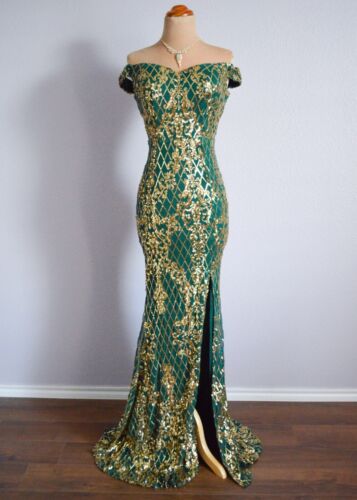 GREEN GOLD Long Formal Prom Pageant Sequin Evening Wedding Gown Dress M 6/8