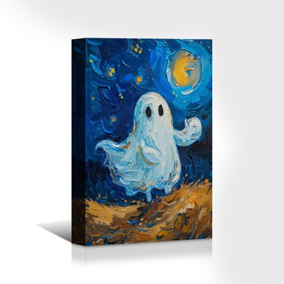 1pc Wooden Framed Canvas Wall Art Cute Oil Painting Ghost