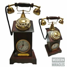 Téléphone vintage en bois cadran rotatif laiton avec horloge style ancien gra...