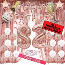 82nd Birthday Rose Gold Decorations - 40" Number Balloons, Foil Curtains  More