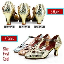 Womens Latin Dance Shoes Pointed Thick Tango Heel Sandals Non-Slip Silver Golden