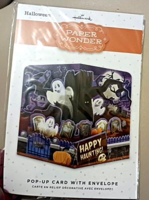 NEW 8 1/4 X 5 3/4'' WIDE HALLMARK HALLOWEEN GLITTERY GHOSTS POP UP CARD/ENVELOPE