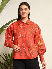 Orange Floral Print T-Shirt Women's Summer Pure Cotton Shirts Button Down Blouse