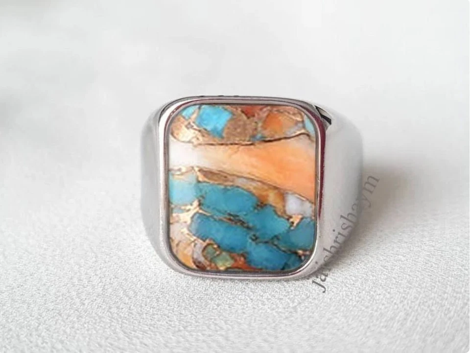 Anillo turquesa ostra cobre plata esterlina 952 anillo para hombre regalo para él Foto 3 de 4