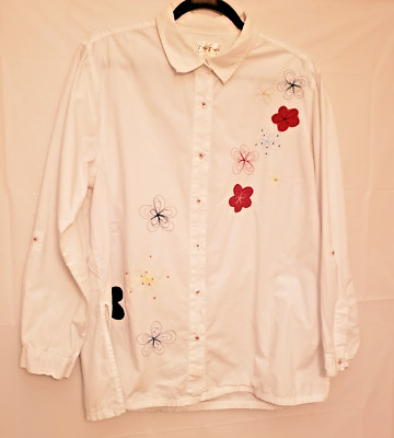 Bobbie Brooks Womens XL White Embroidered Blouse Floral Vintage Boho Peasant Top