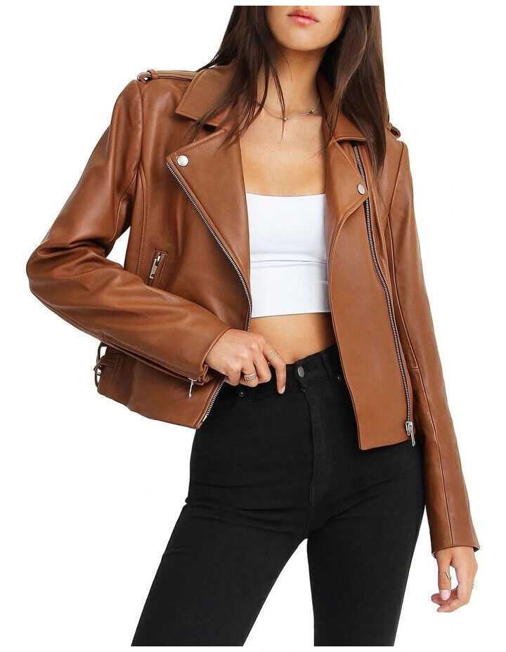 Zayn Modern Style Women's Genuine Leather Jacket Brown Biker Pure