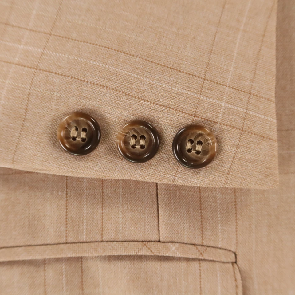 复古 Windowpane 格纹夹克 S 米色涤纶羊毛西装外套运动外套 38S — 第 4/4 张图片