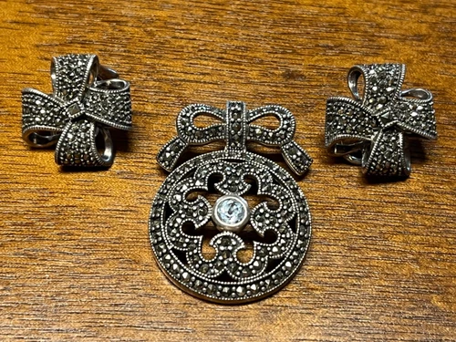 Sterling Marcasite Aquamarine Pendant, Clip Earrings Set