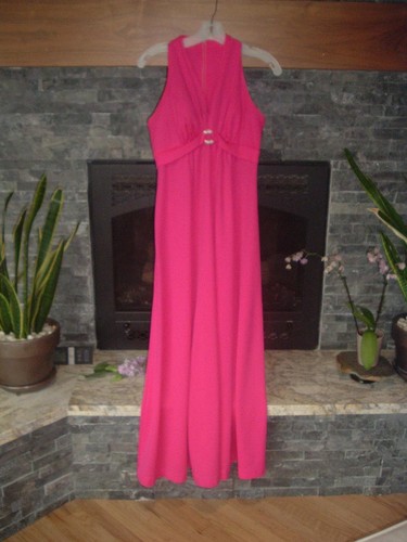 VTG 70s Jack Hartley MIAMI Rhinestone Halter Top HOT PINK Party Maxi Dress Sz 10
