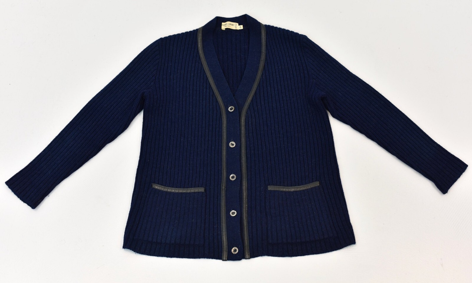 Vintage Hermes Sport Navy Blue Wool Mohair Black Leather Trim Cardigan Sweater image 5
