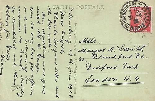 FRANCE STRASBOURG CATHEDRAL 1920's POSTCARD TO ENGLAND REF 153