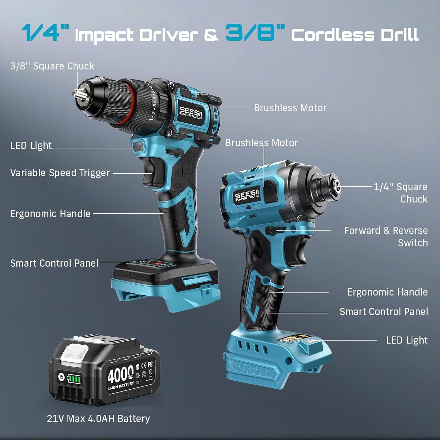 Cordless 3/8" Drill Impact Driver Electric Power Tool Combo Kit 2x4000mAh Batter alternate view 2