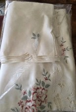 Spring Embroidered Floral Cutwork Tablecloth 72x108" with 12 Napkins Beige OVAL
