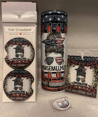 Patriotic Baseball Mom Tumbler, Car Coaster And Air Freshener Set Of 3
