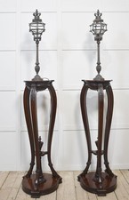 Pair of Bronze Newel Post Lamps | Crown Top Lantern Design
