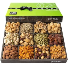 Dried Fruit & Mixed Nuts Gift Basket Wooden Tray 12 Assortments Holiday Snack