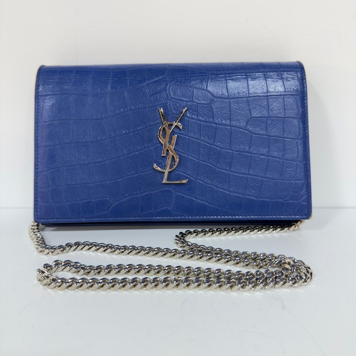 Saint Laurent Kate WOC Medium Blue Croc Embossed Leather Chain Bag 2015 Pre-Owne